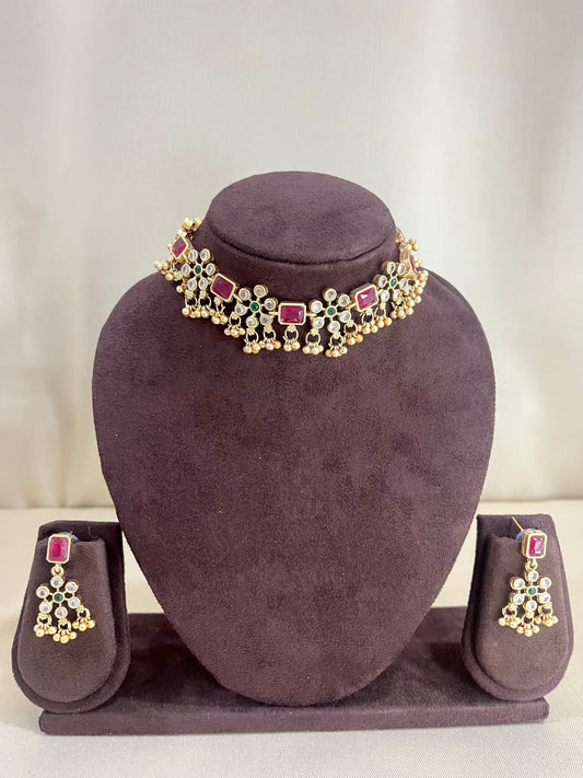Rajwadi Heritage Necklace Set - Ruby Pink