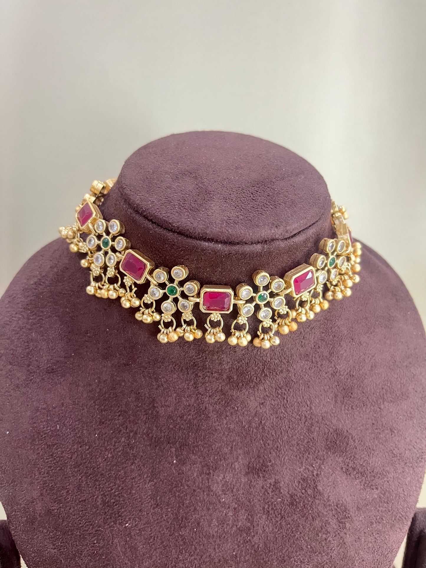 Rajwadi Heritage Necklace Set - Ruby Pink