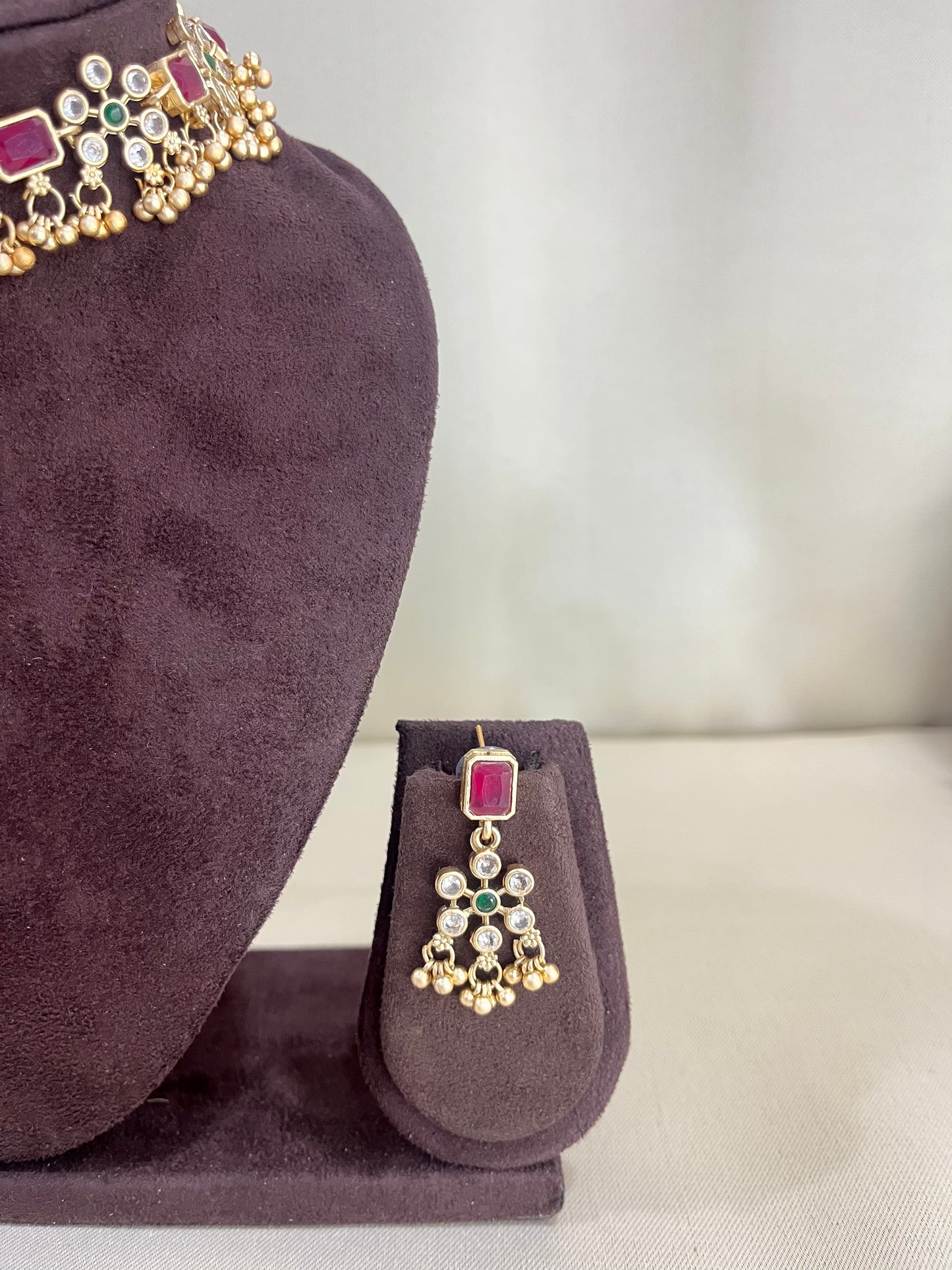 Rajwadi Heritage Necklace Set - Ruby Pink