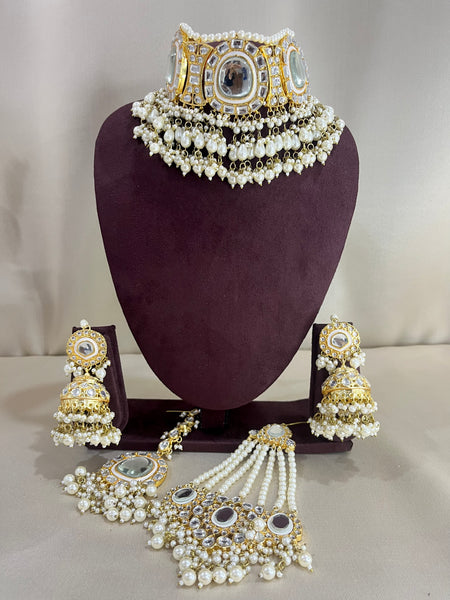 Polki Kundan Necklace Set With Pasa - Pearl