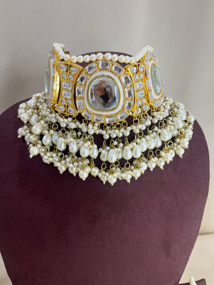 Polki Kundan Necklace Set With Pasa - Pearl