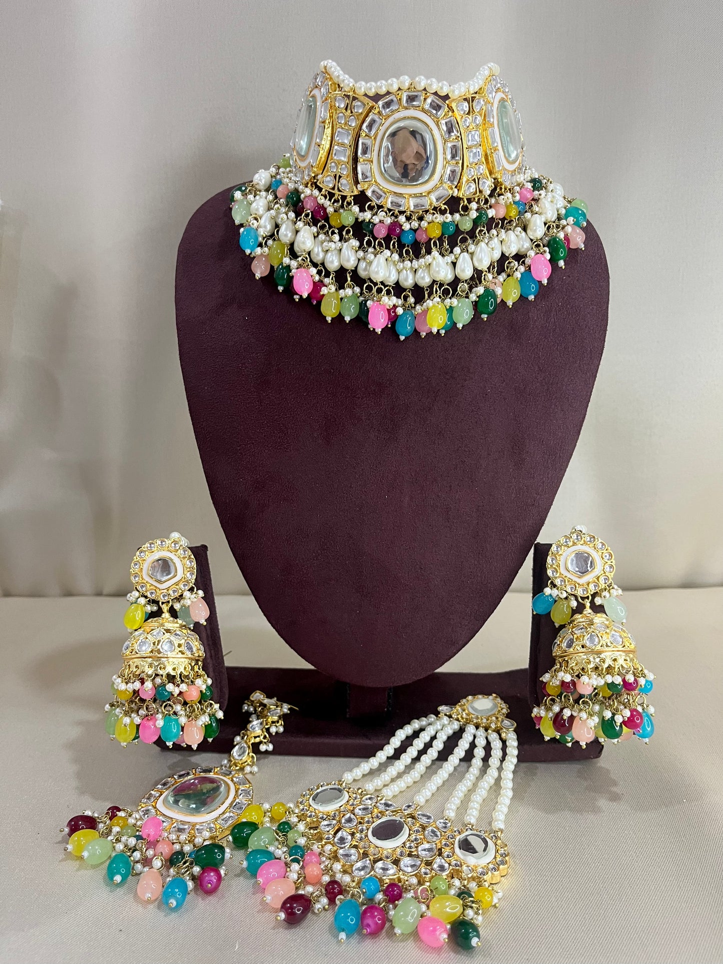 Polki Kundan Necklace Set With Pasa - Multi Color