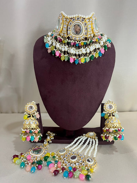 Polki Kundan Necklace Set With Pasa - Multi Color