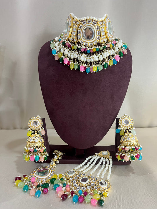 Polki Kundan Necklace Set With Pasa - Multi Color