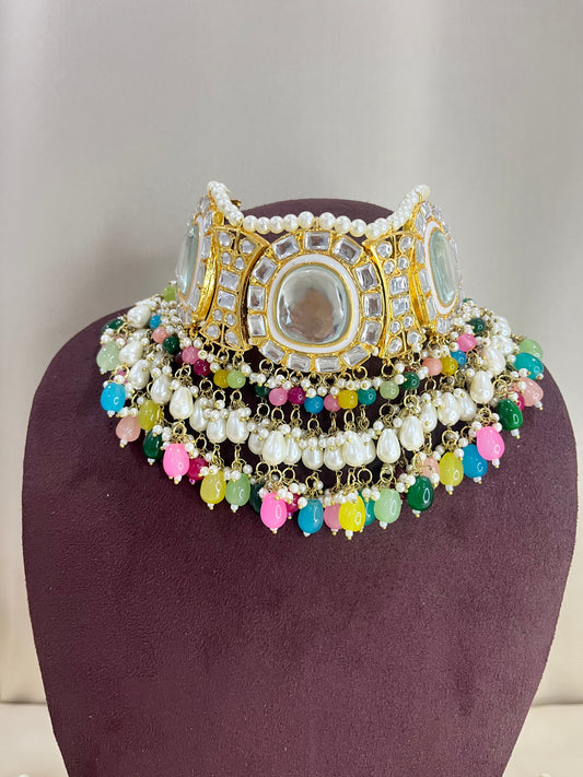 Polki Kundan Necklace Set With Pasa - Multi Color