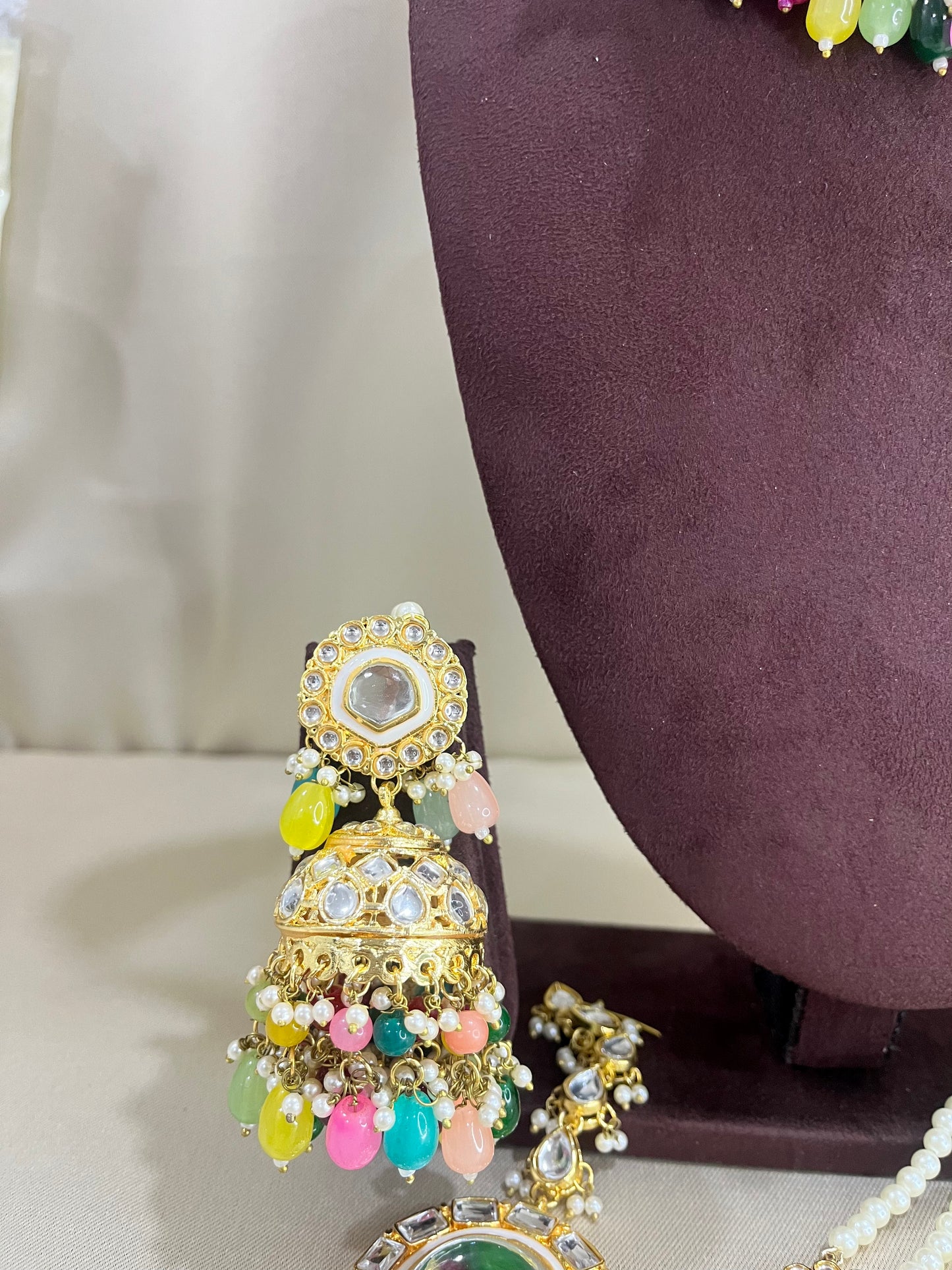 Polki Kundan Necklace Set With Pasa - Multi Color