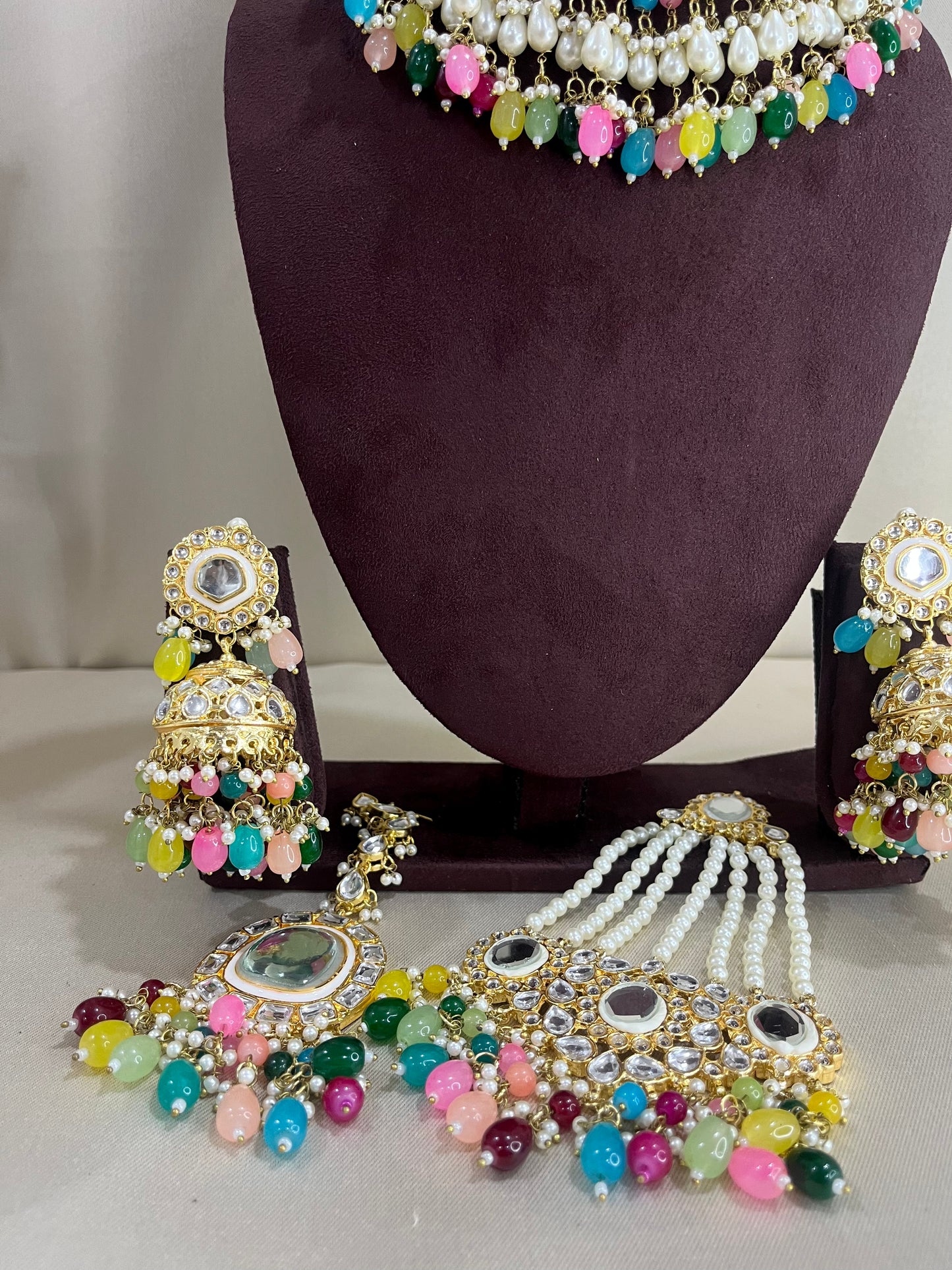 Polki Kundan Necklace Set With Pasa - Multi Color