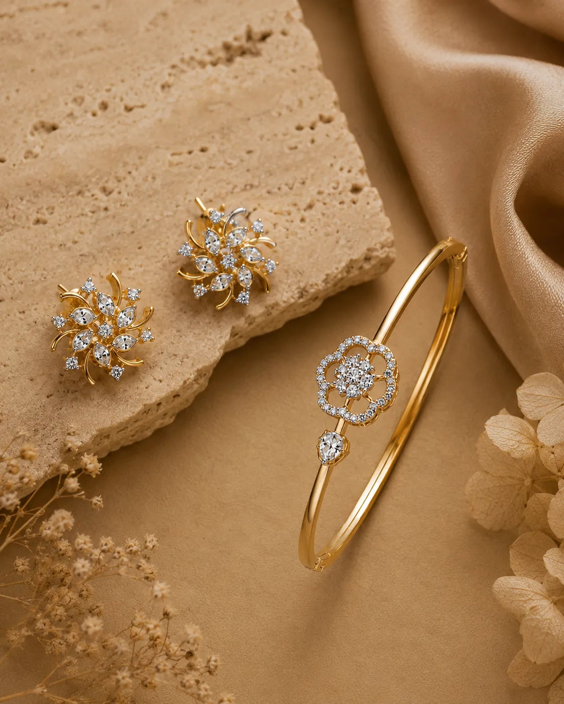 Pure Zirconian Diamond Gold Plated Openable Bracelet And Studs Combo