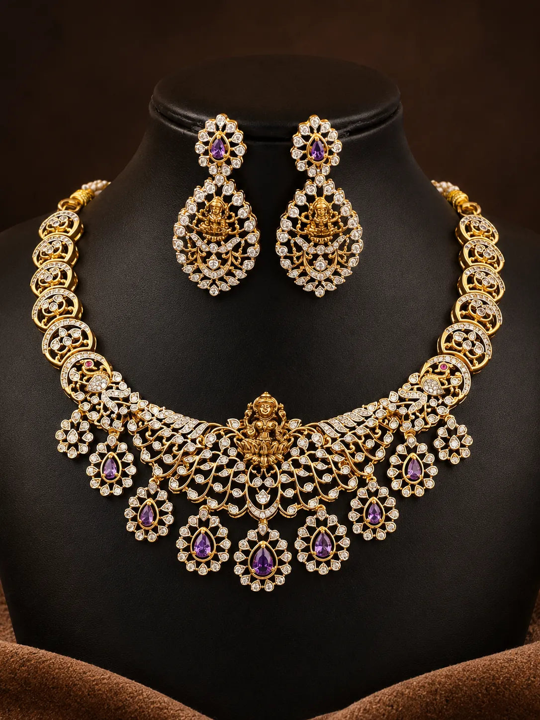 American diamond stones 18k gold platted temple jewellery necklace with earrings