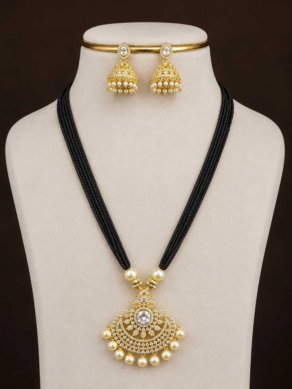 Kundanstone  18k gold plated multilayer mangalsutra with earrings