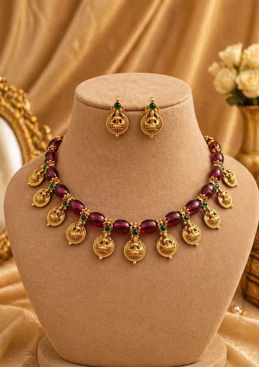 kundan temple jewelry gold plated necklace with earrings