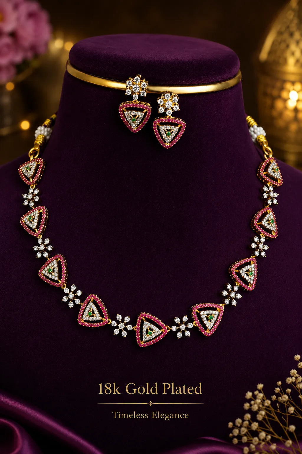 American diamond 18K gold plated necklace with earrings