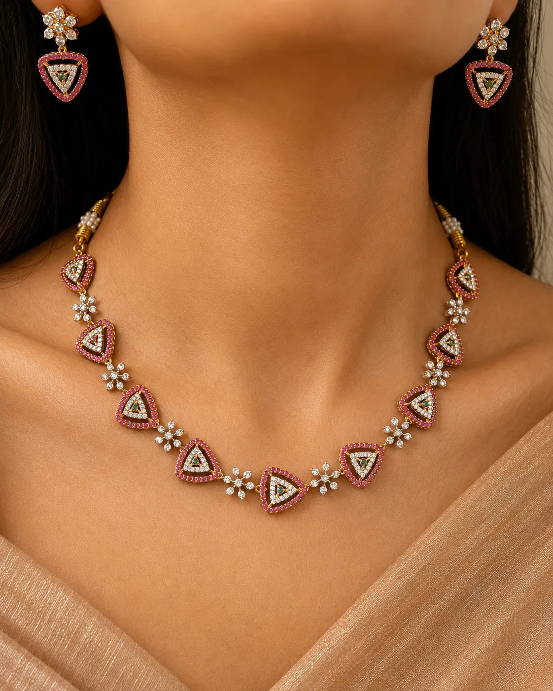 American diamond 18K gold plated necklace with earrings