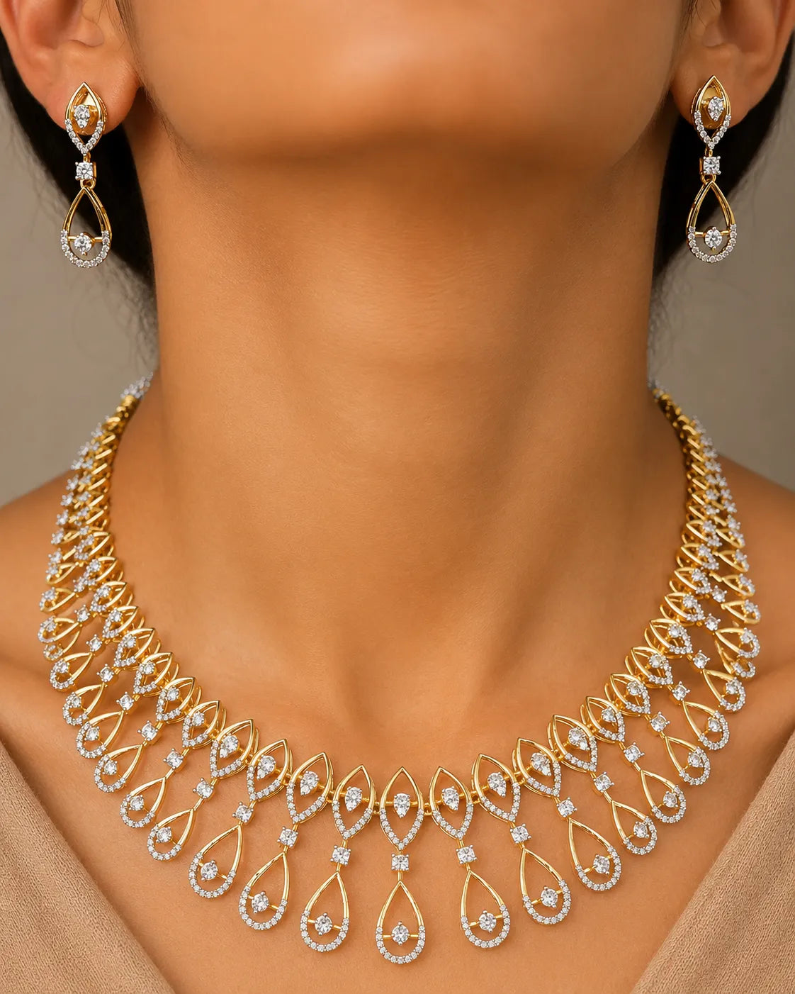 American diamond floral design 18k gold platted  necklace with earrings
