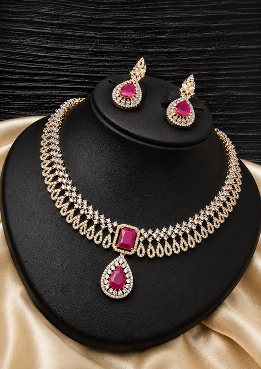 American diamond gold plated necklace with earrings