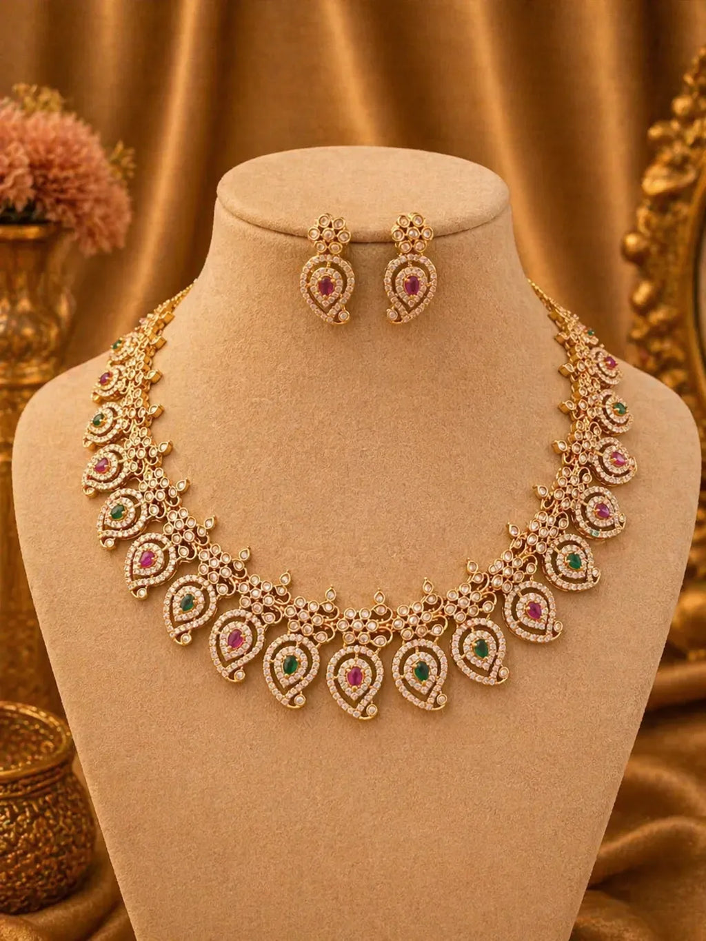 American diamond gold plated necklace with earrings