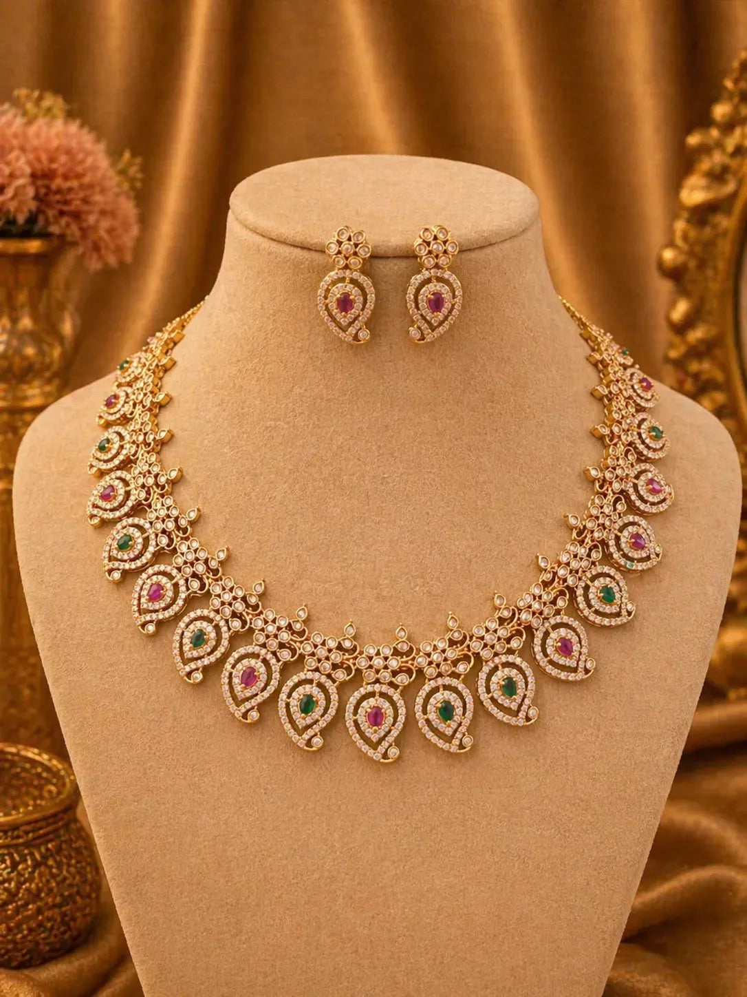 American diamond gold plated necklace with earrings