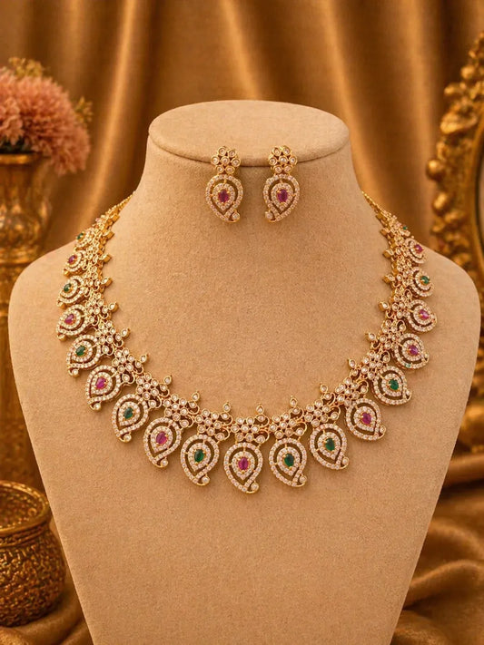 American diamond gold plated necklace with earrings