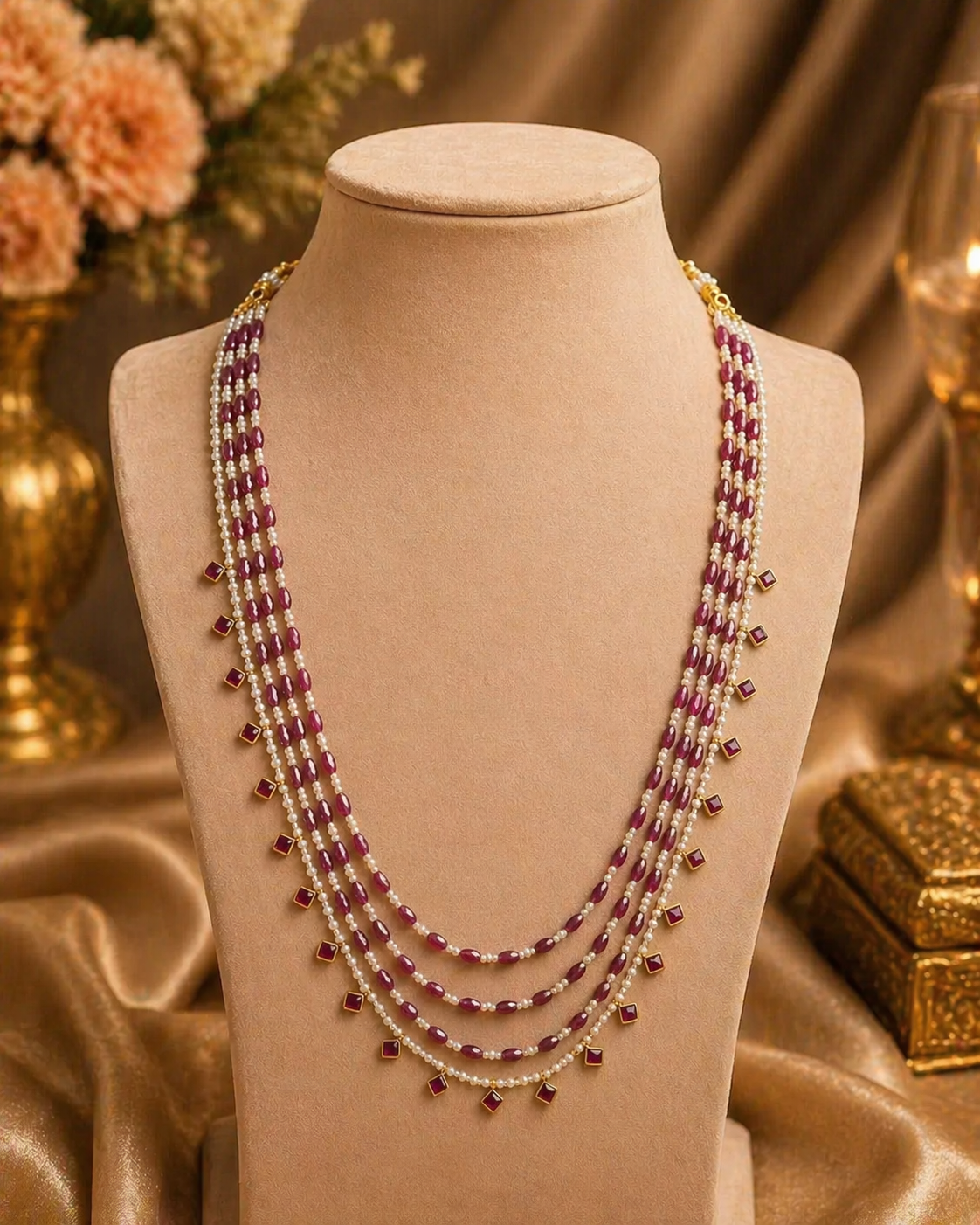 Kundan stone gold plated 4 layer necklace