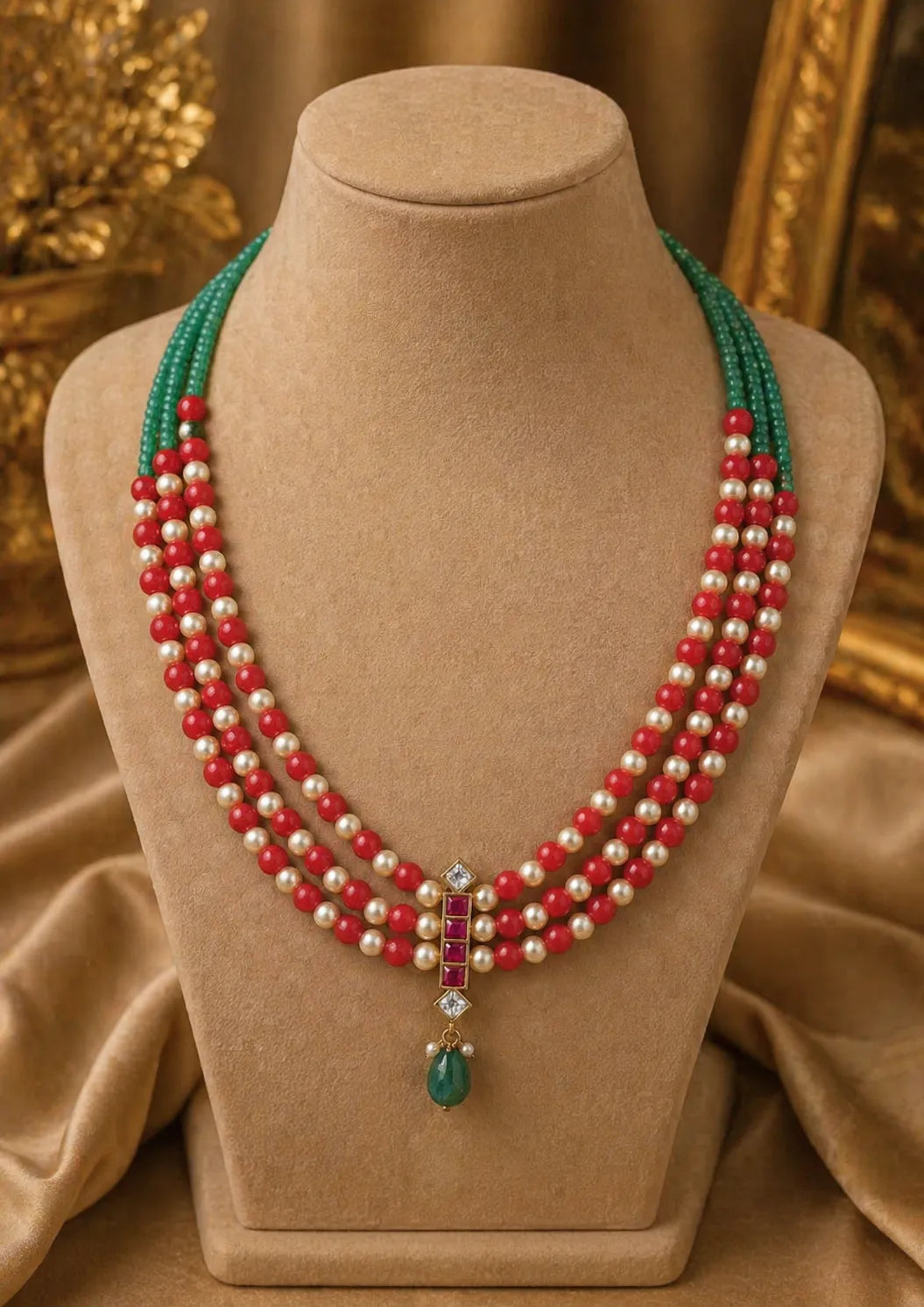 Kundan stone and pearls 3 layered necklace