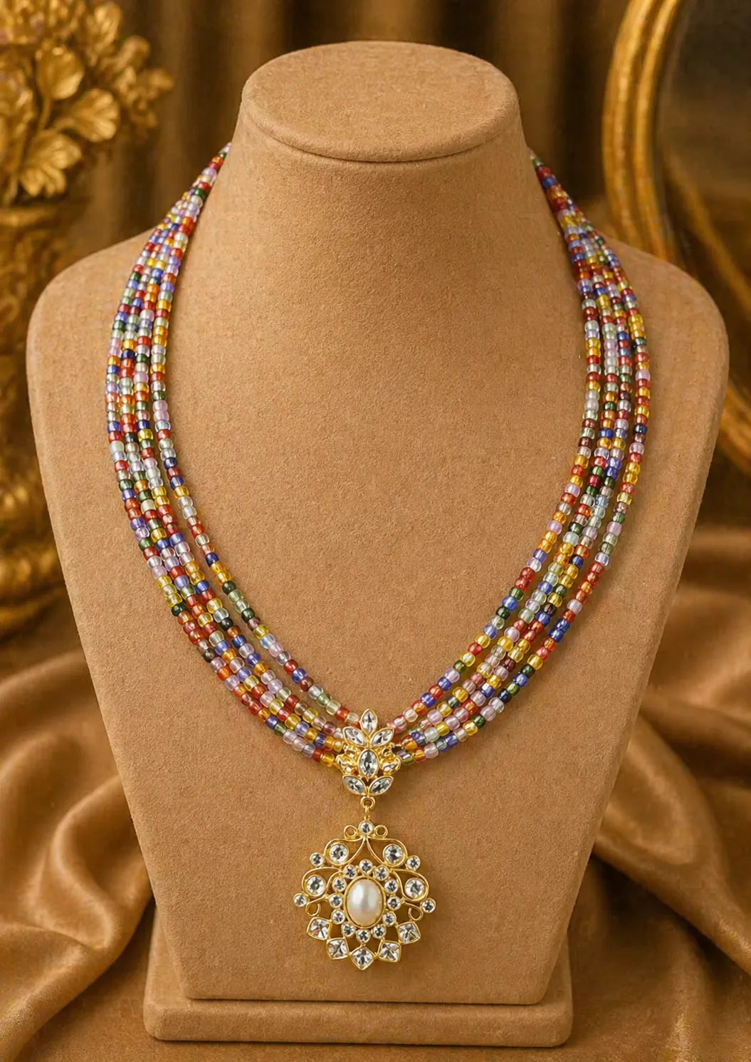 Kundan pearls 4 layers gold plated necklace