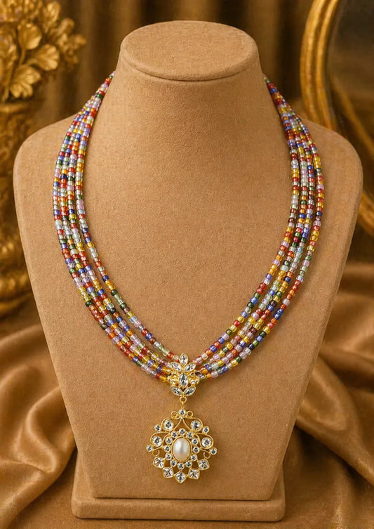 Kundan pearls 4 layers gold plated necklace
