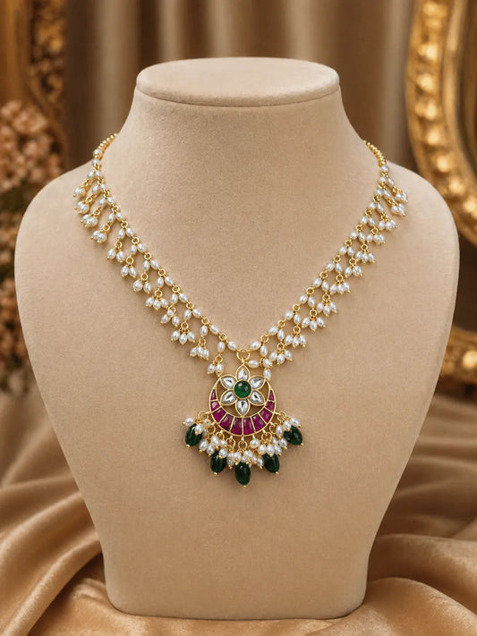 Jadau kundan and beads gold plated necklace