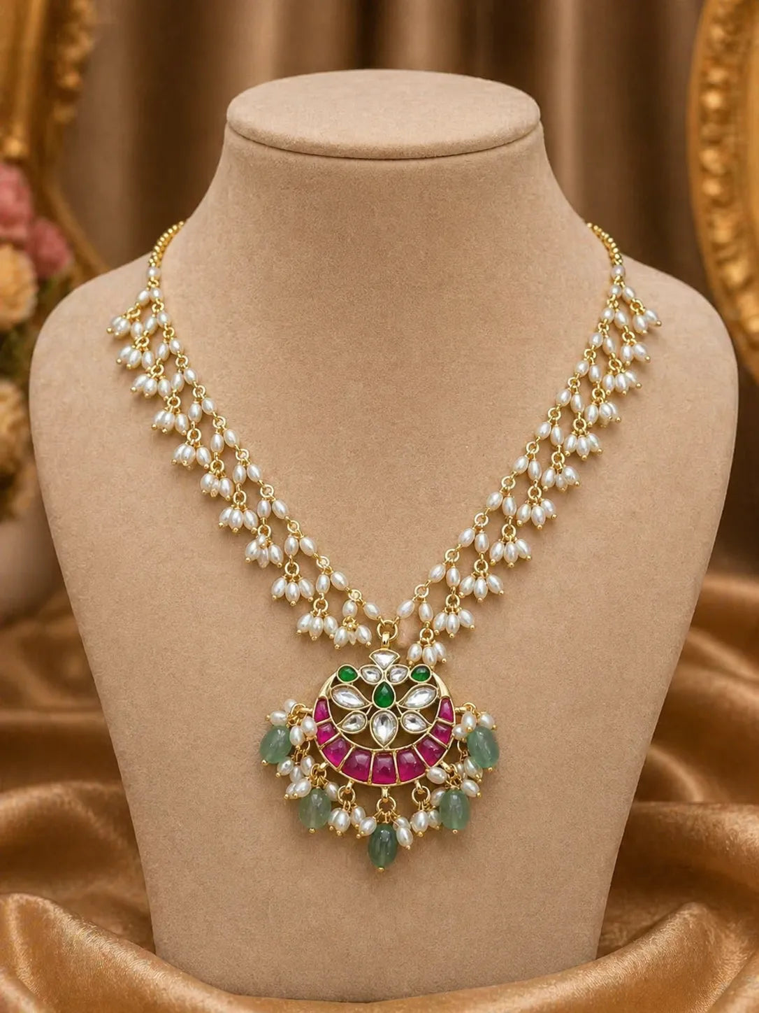 Jadau kundan and beads gold plated necklace