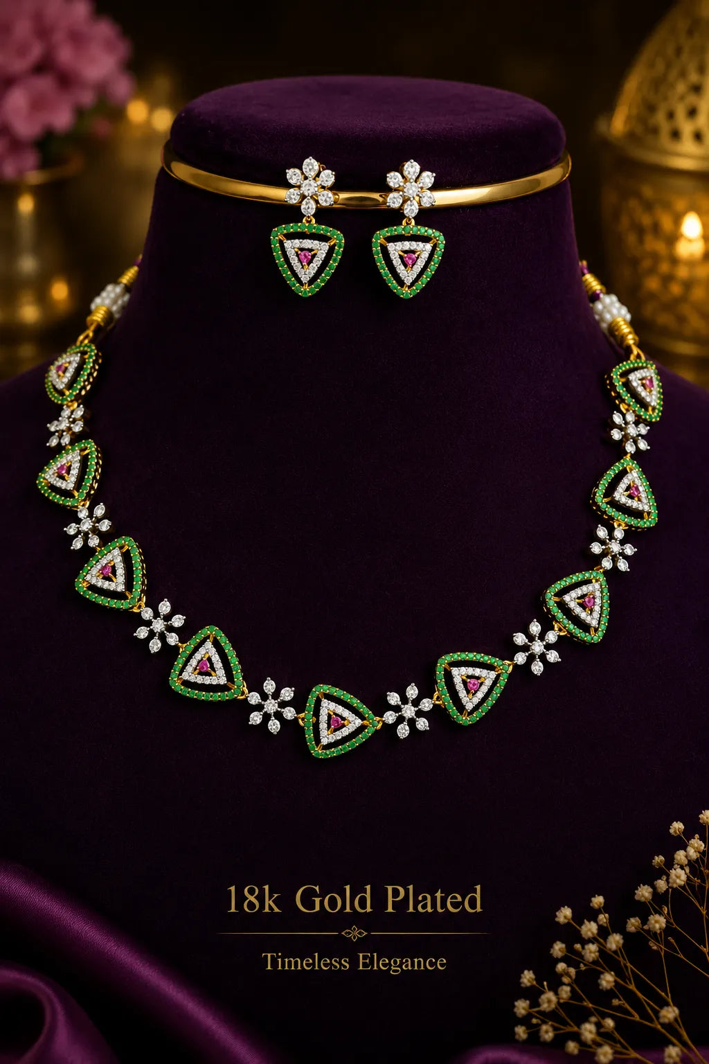 American diamond 18K gold plated necklace with earrings