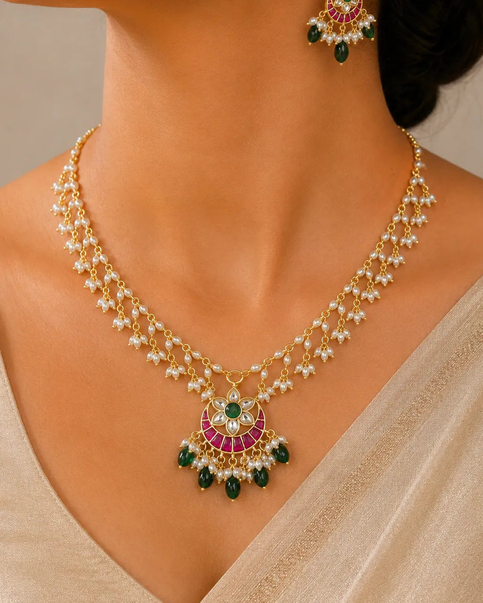 Jadau kundan and beads gold plated necklace