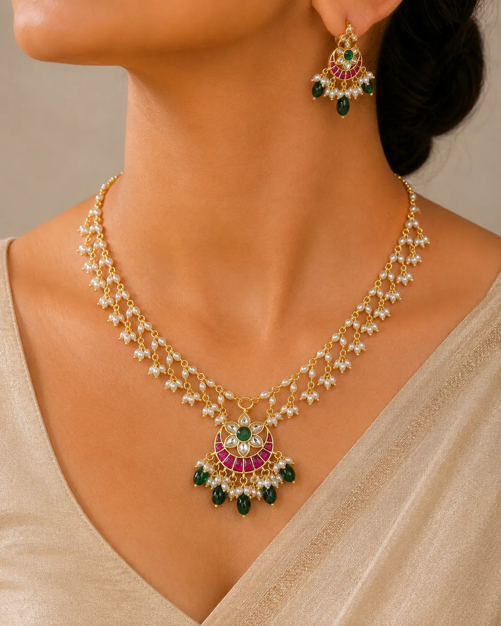 Jadau kundan and beads gold plated necklace